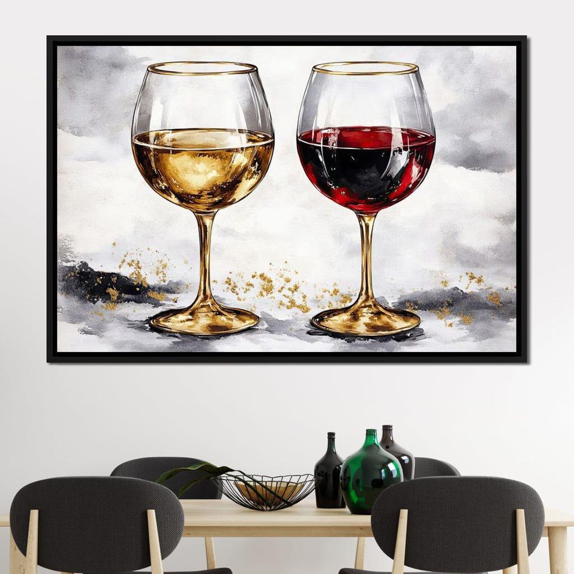 Red And White Wine Glasses Gold Accent Watercolor Kitchen Poster - Image 3