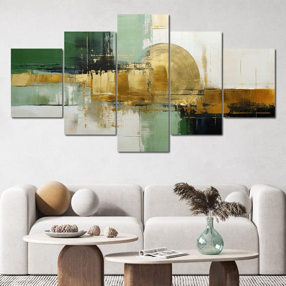 Verdant Gold Horizon Abstract Wall Art Green Gold Decor Geometric Circles Elegant Multi Panel Painting By Nichecanvas