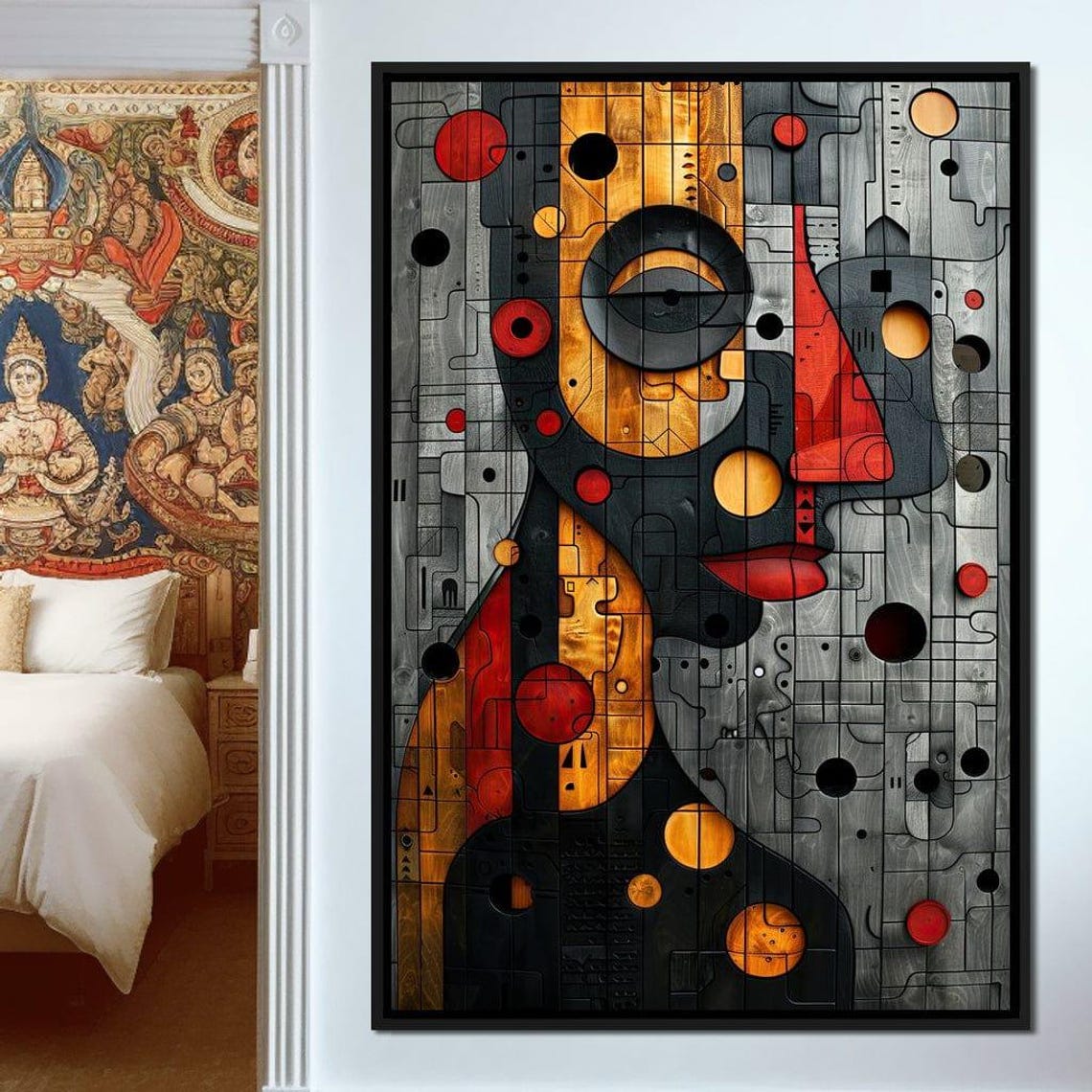 Abstract Mosaic Face Silhouette Geometric Gray Red Orange Wall Art - Image 4