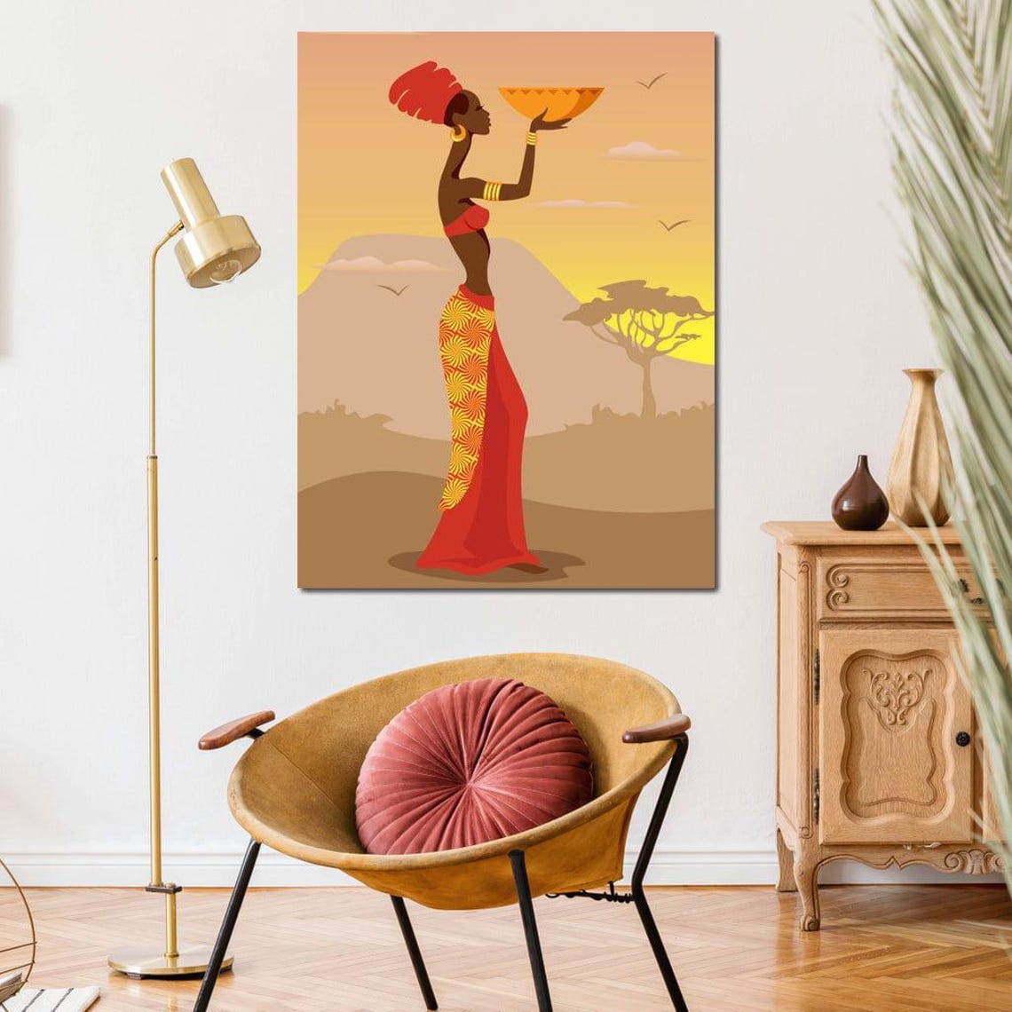 African Woman Red Dress Holding Bowl Sunset Savanna Acacia Tree Poster - Image 3