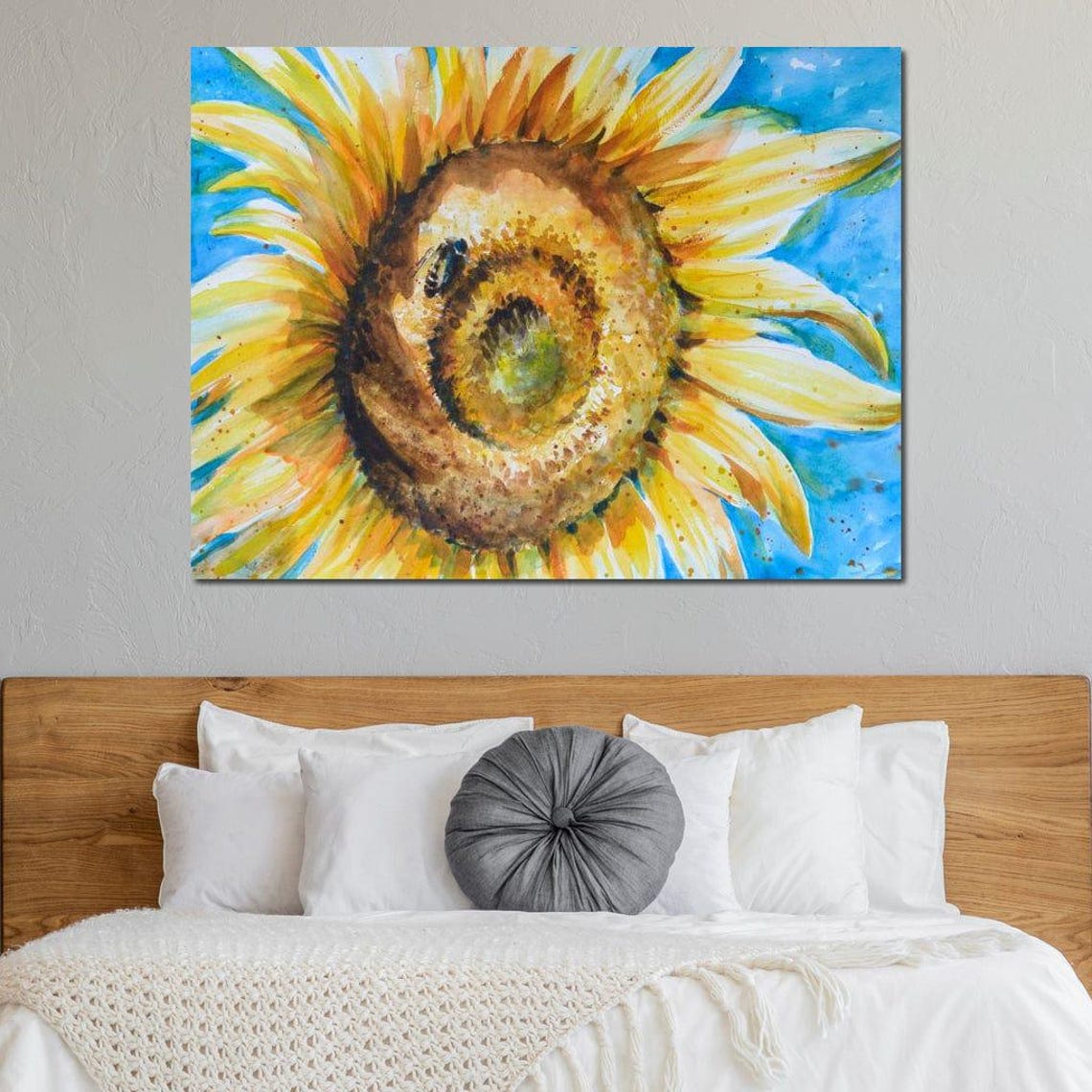 Yellow Sunflower Blue Sky Watercolor Botanical Macro Flower Print - Image 3