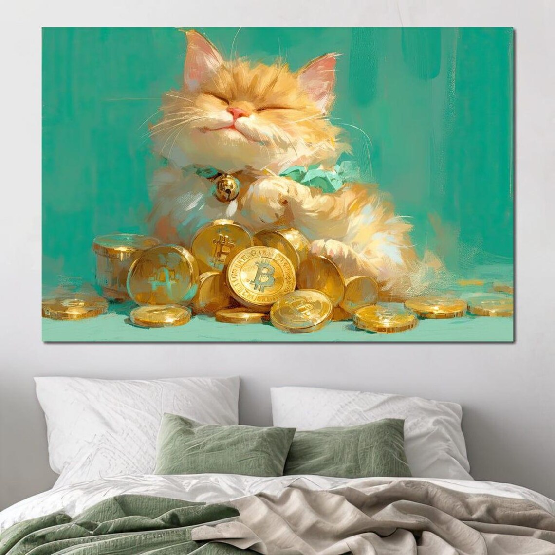 Happy Golden Cat Bitcoin Coins Bell Collar Turquoise Cute Fortune Kitty Poster - Image 2