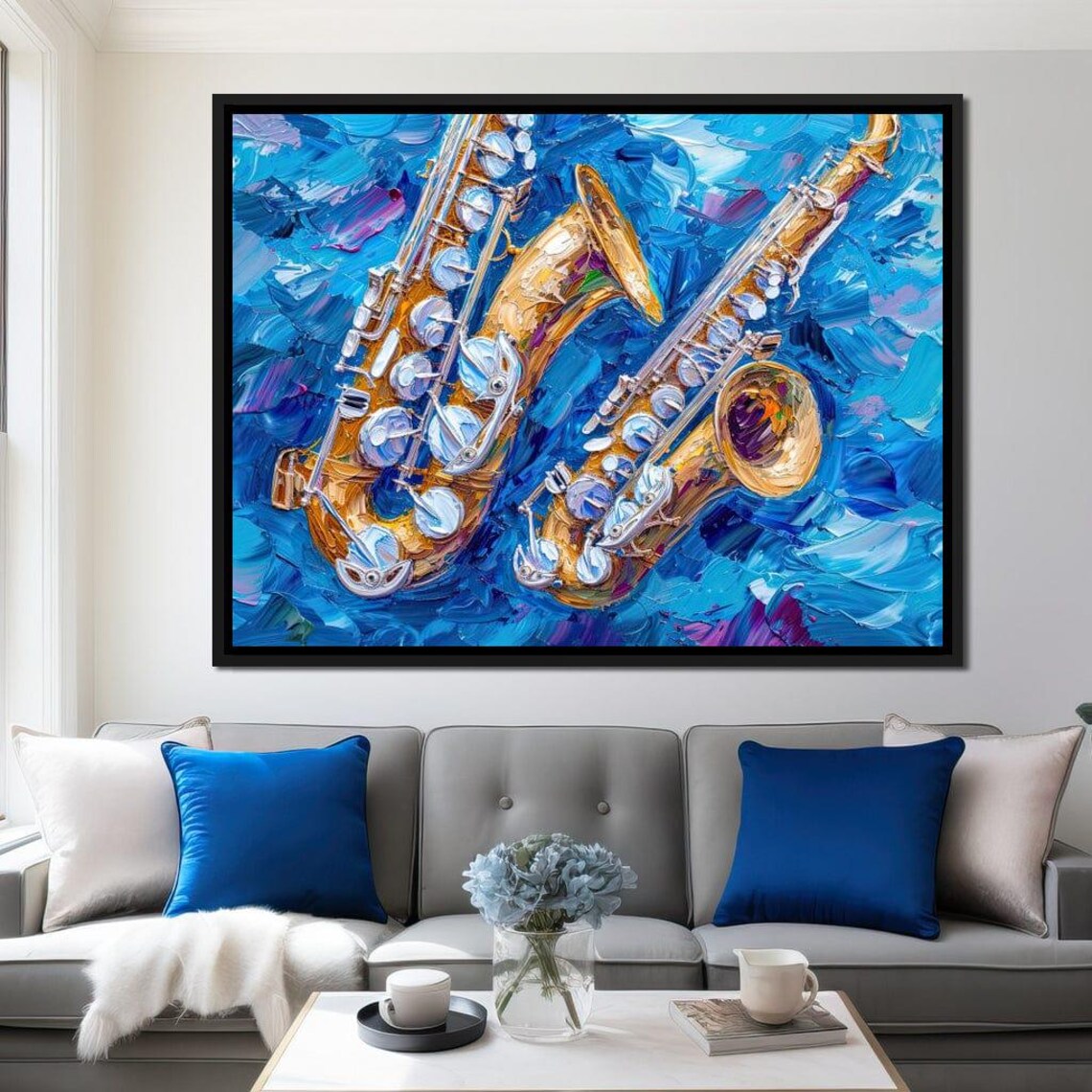 Golden Saxophones Blue Background Impasto Jazz Instrument Modern Art Poster - Image 3