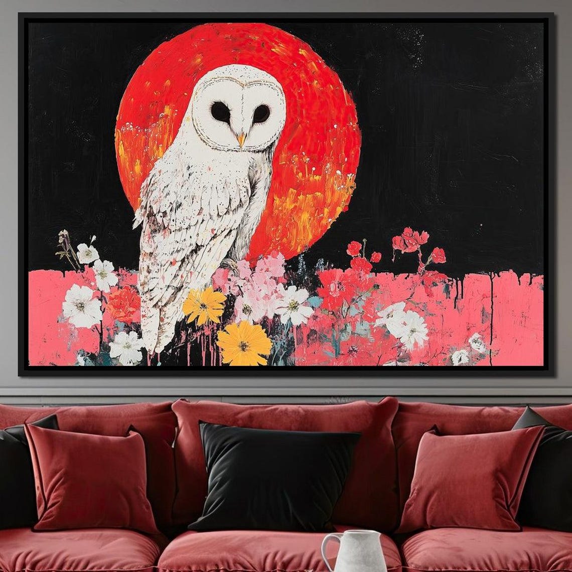 White Barn Owl Red Sun Moon Floral Meadow Night Wildlife Art Print - Image 3