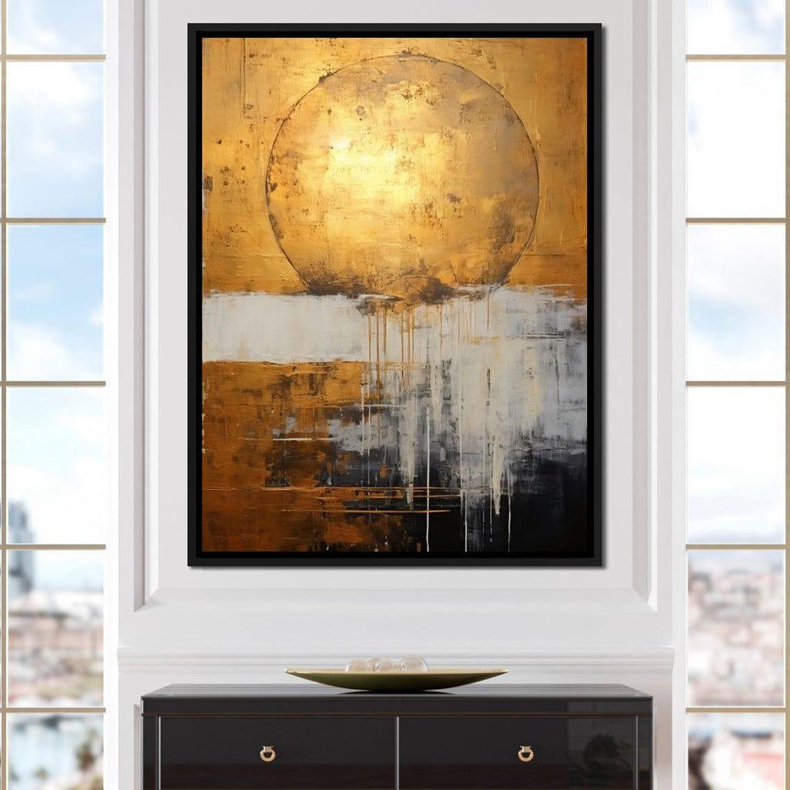 Gold Sun Circle Grey Black Drip Modern Abstract Wall Art Poster