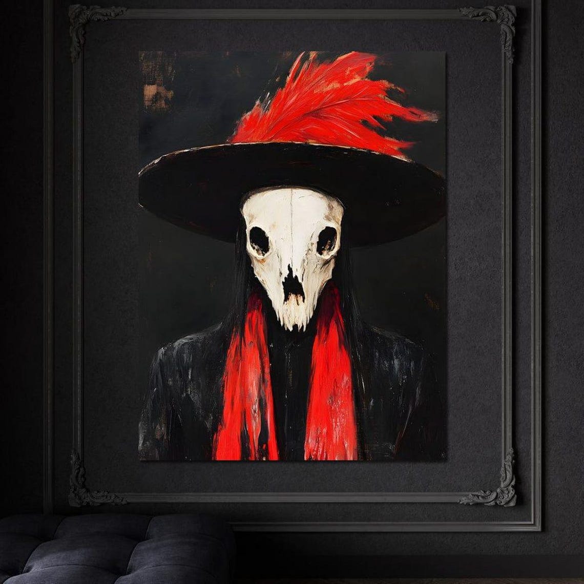 Gothic Skull Mask Red Feather Hat Dark Fantasy Framed Wall Art - Image 3