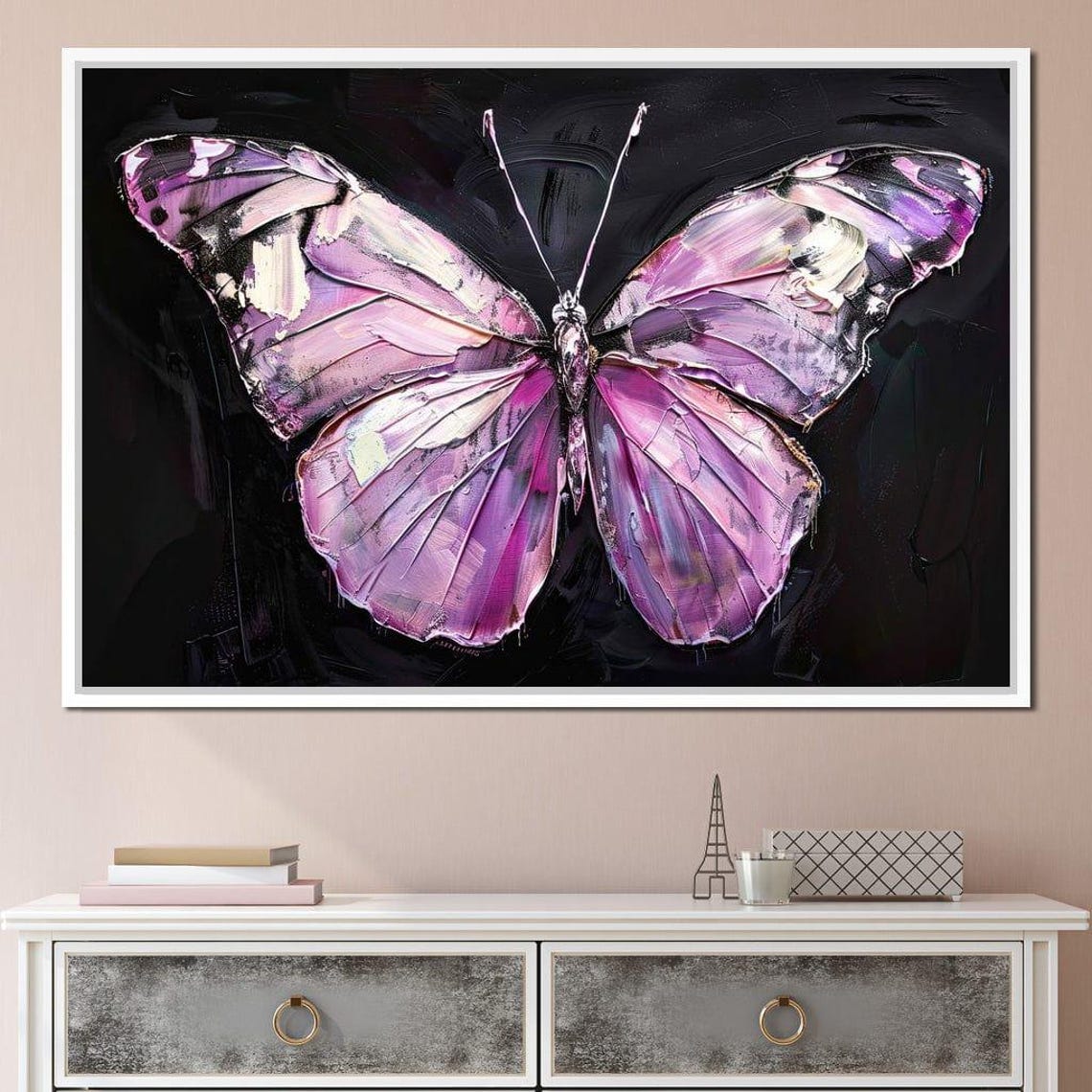 Pink Violet Butterfly Wings Black Background Textured Modern Wall Art