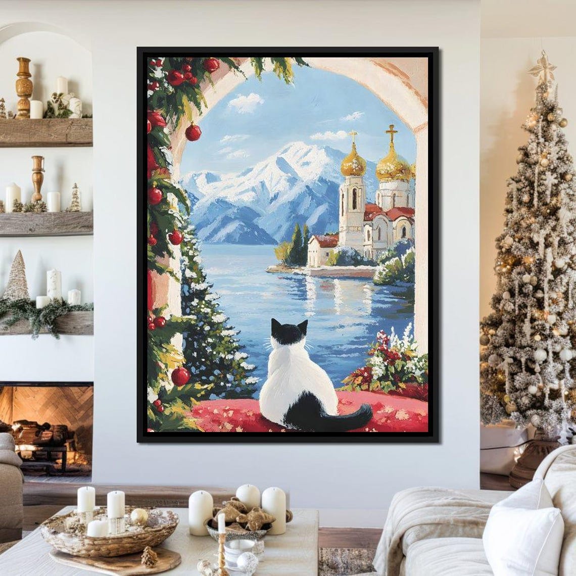 Cat Watching A Lake Chapel And Snowy Mountains Winter View Poster - Image 4