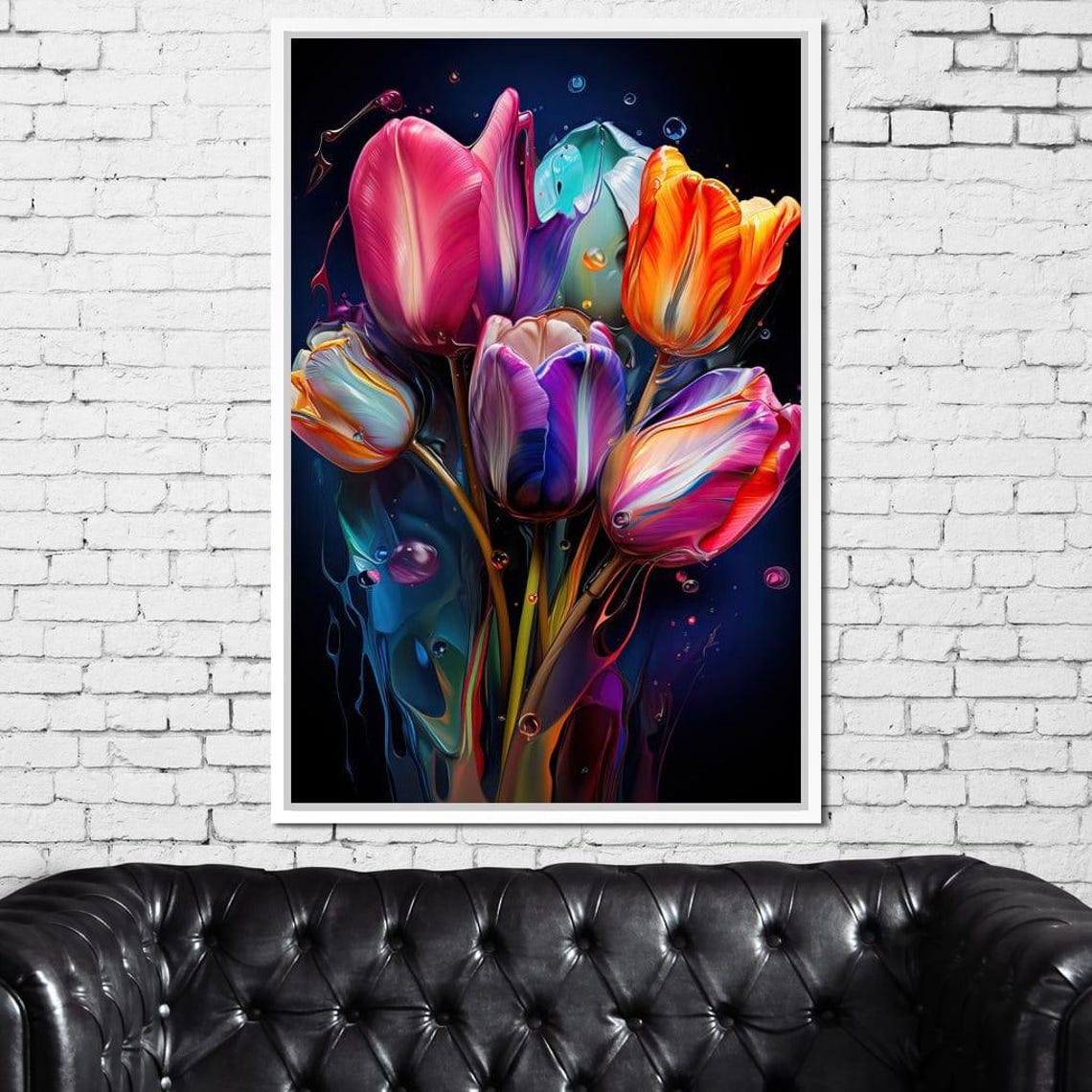 Luminous Tulips Vibrant Multicolor Bouquet On Dark Floral Art Poster - Image 4