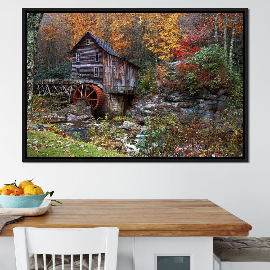 Autumn Grist Mill Red Water Wheel Fall Forest Nature Scene Poster - Image 2