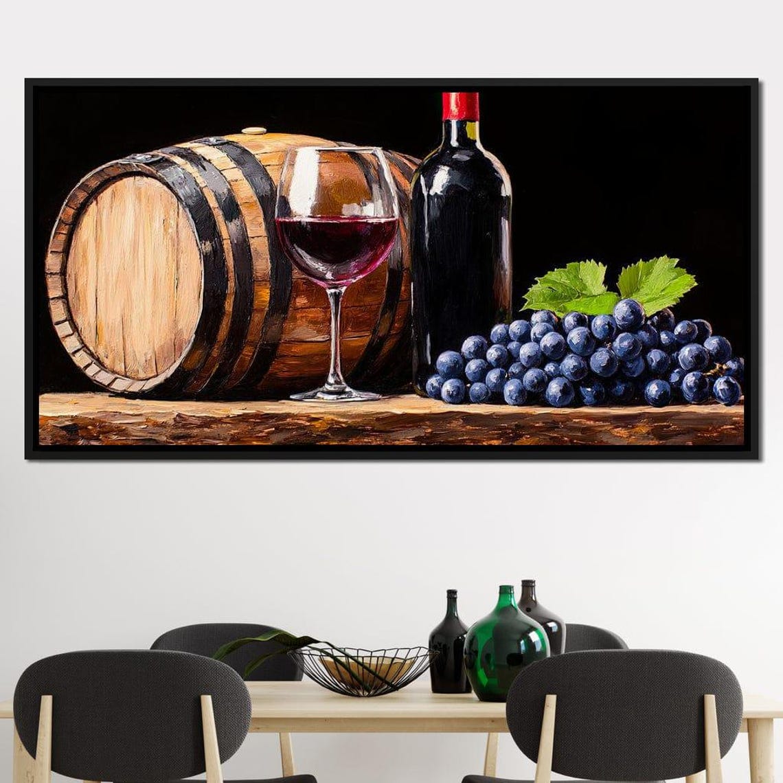 Vintage Vino Wine Barrel Bottle Glass Dark Grapes Rustic Art Poster - Image 4