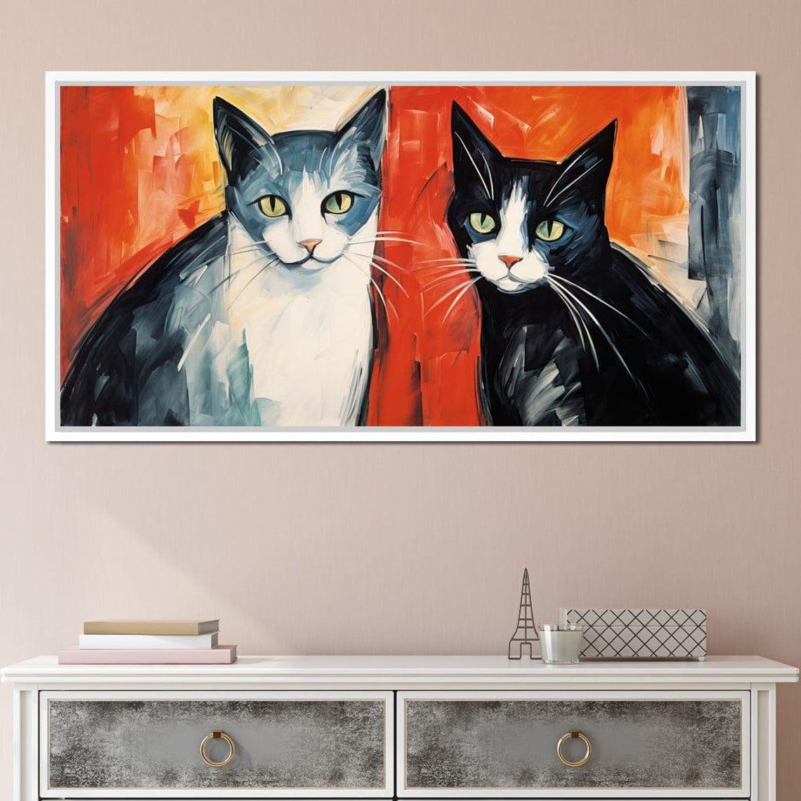 Two Tuxedo Cats Bold Orange Red Background Modern Feline Art Poster - Image 3