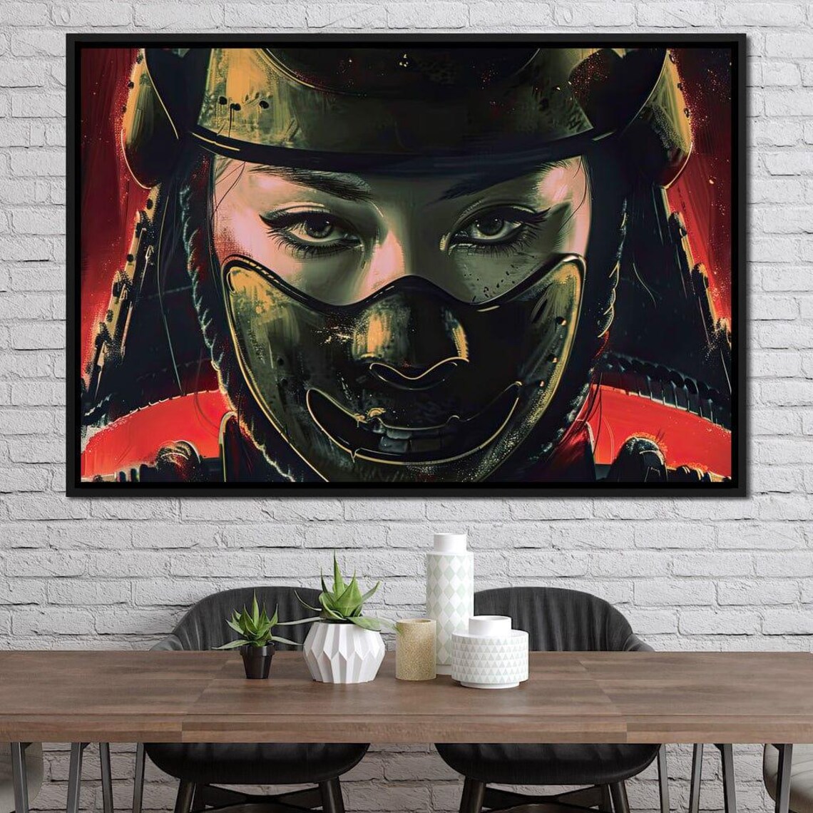 Female Samurai Warrior Helmet Mask Red Background Japanese Art Print - Image 4