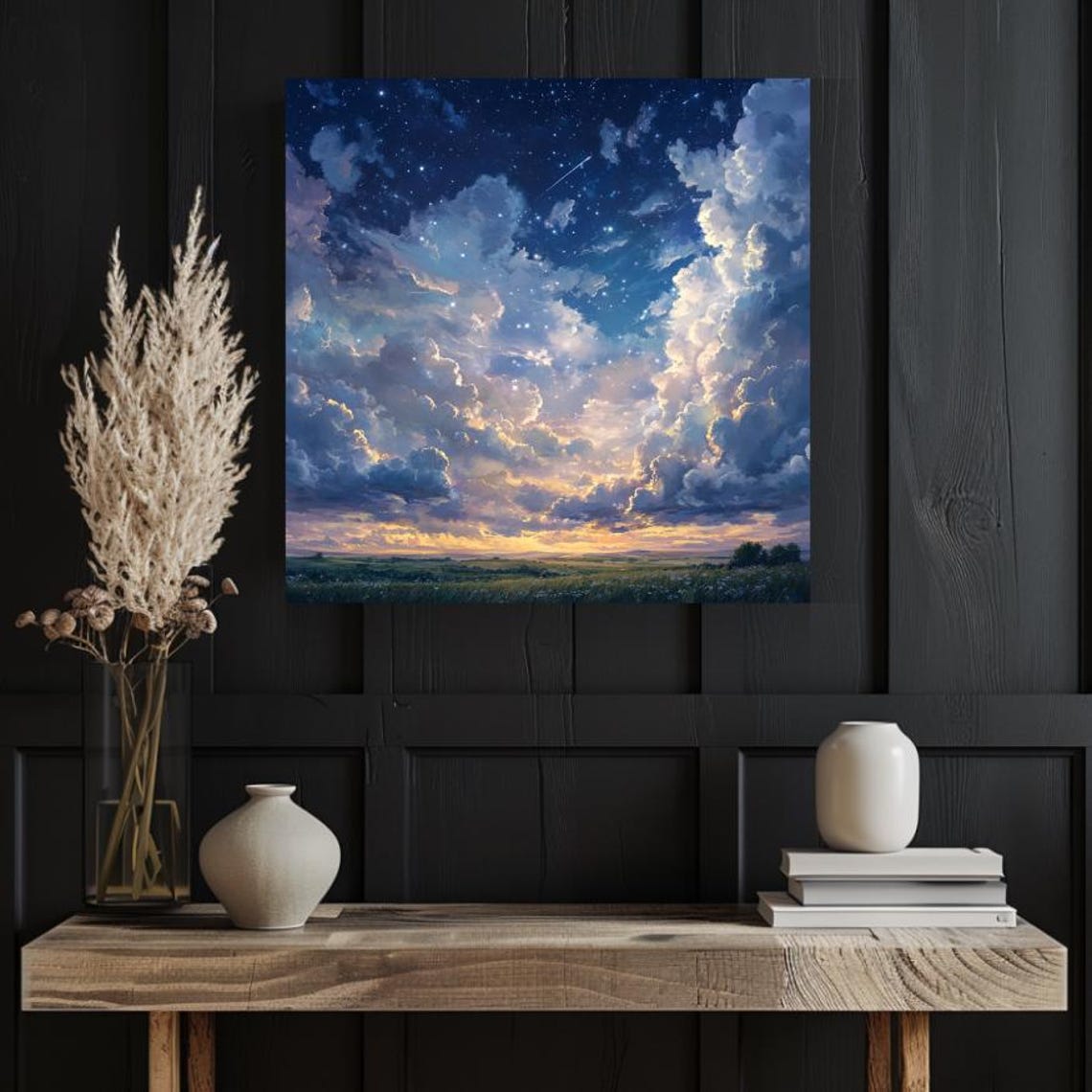 Dramatic Starry Night Clouds with Shooting Star Field Sky Art Poster - Image 3