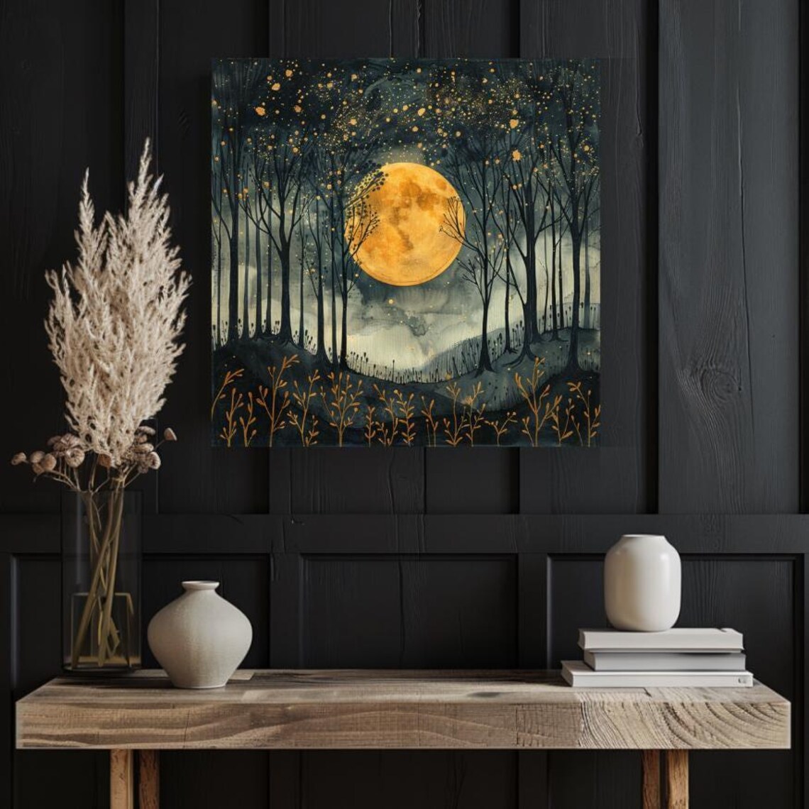 Gold Moon In The Forest, Mystical Night Sky Art Print - Image 2