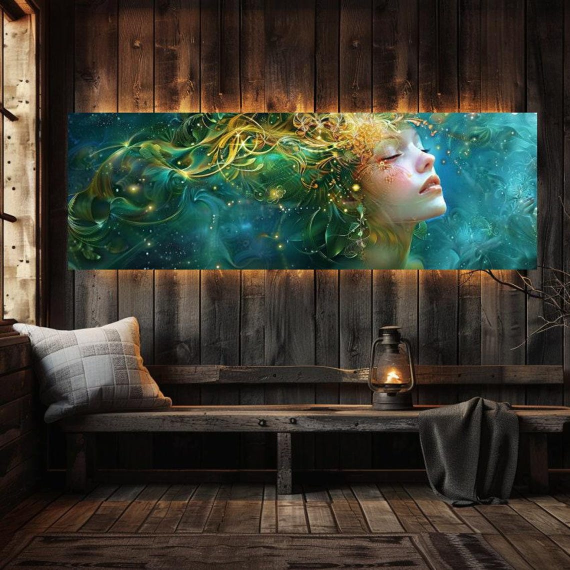 Celestial Goddess With Flowing Golden Hair Teal Cosmic Wall Art - Image 3