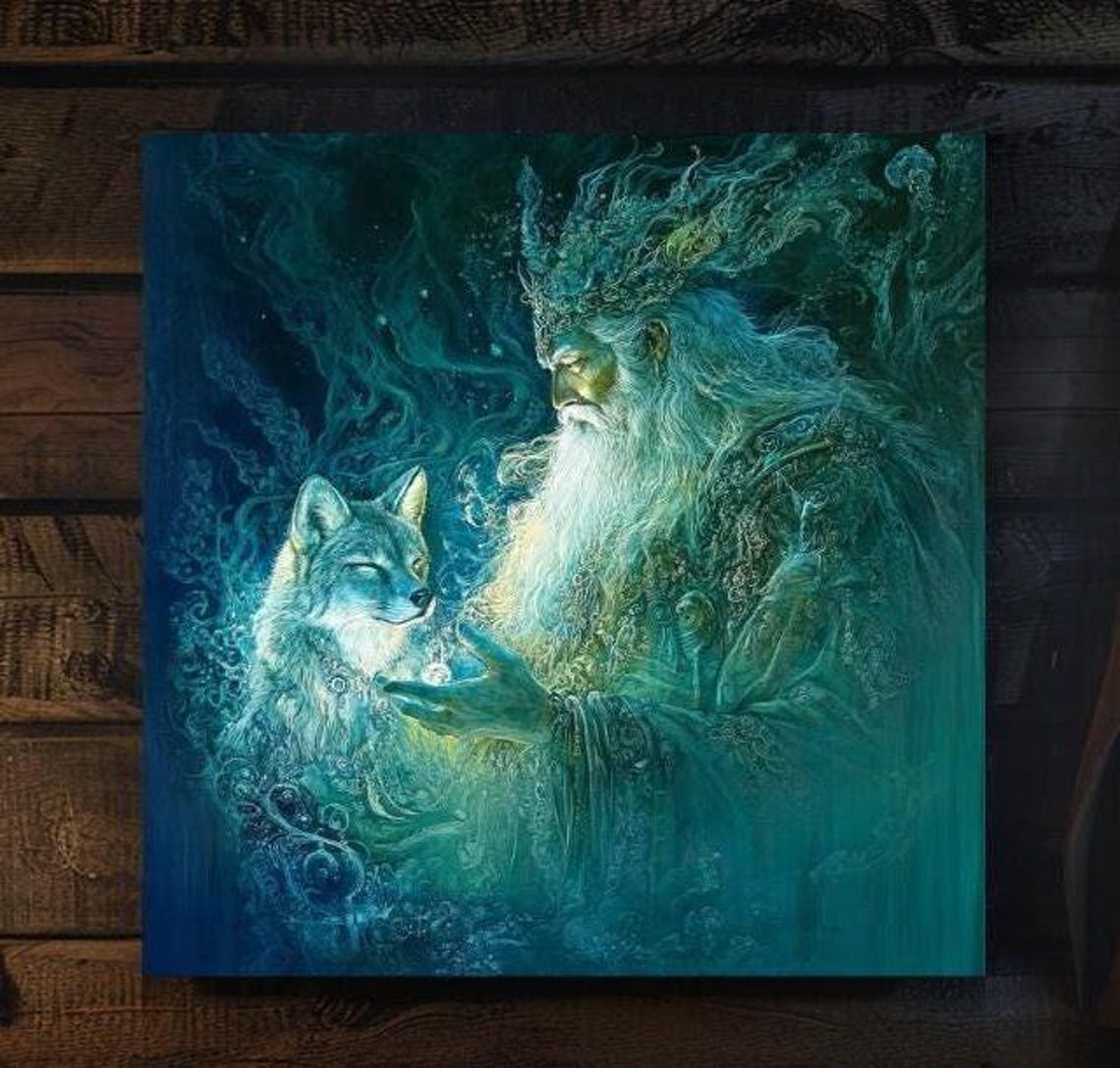 Mystical Wizard with Fox in Teal Magical Forest Fantasy Art Poster - Image 4