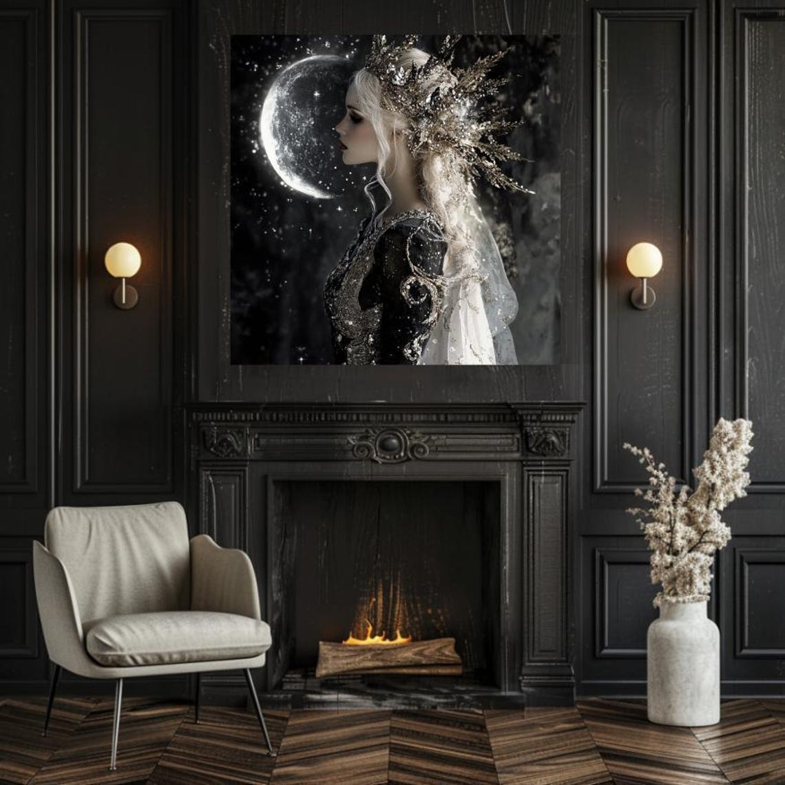 Moon Goddess with Crystal Crown Before Crescent Moon Dark Art Poster - Image 2