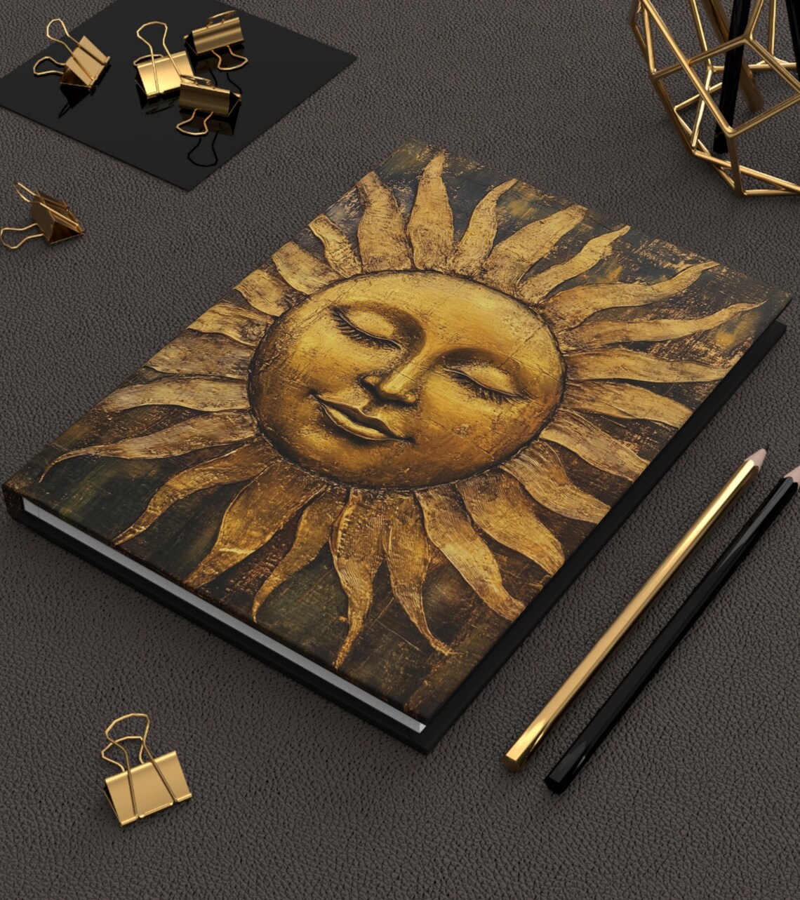 Golden Sun Face Vintage Relief Style Hardcover Journal Art Print - Image 3