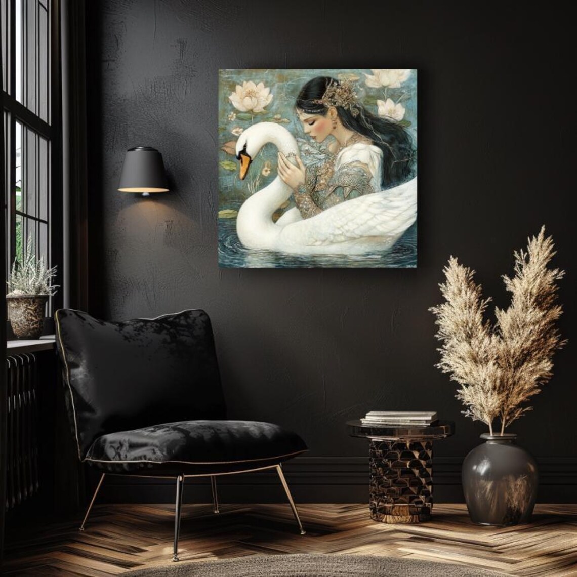 Ethereal Goddess Embracing White Swan on Lotus Lake Art Poster - Image 3