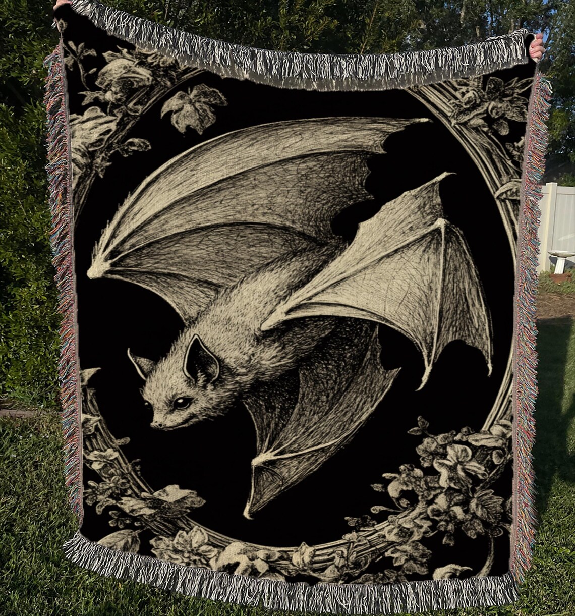 Vintage Bat in Floral Frame Woven Tapestry Throw Blanket Gothic Art Print - Image 4