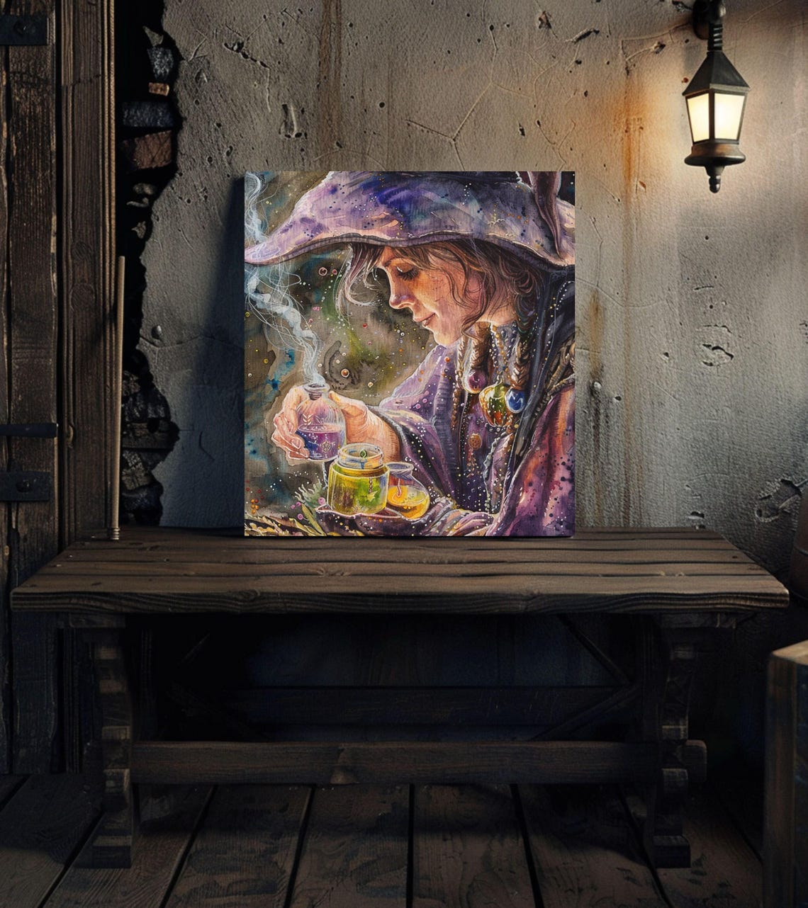 Watercolor Witch Herbalist Mixing Magic Potions Purple Robe Poster - Image 3