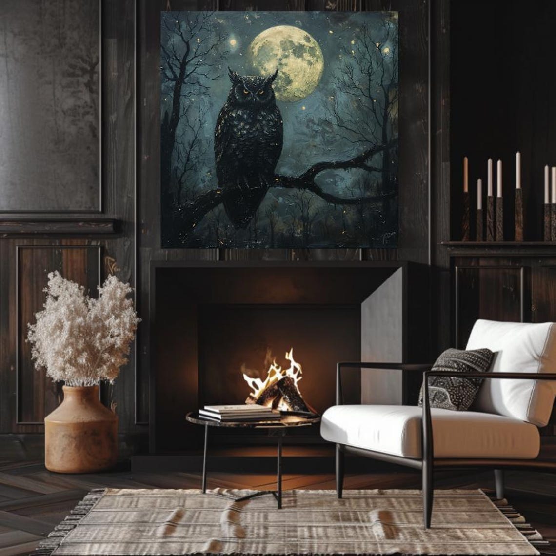 Black Owl Perched Before Full Moon Gothic Night Forest Art Poster - Image 3