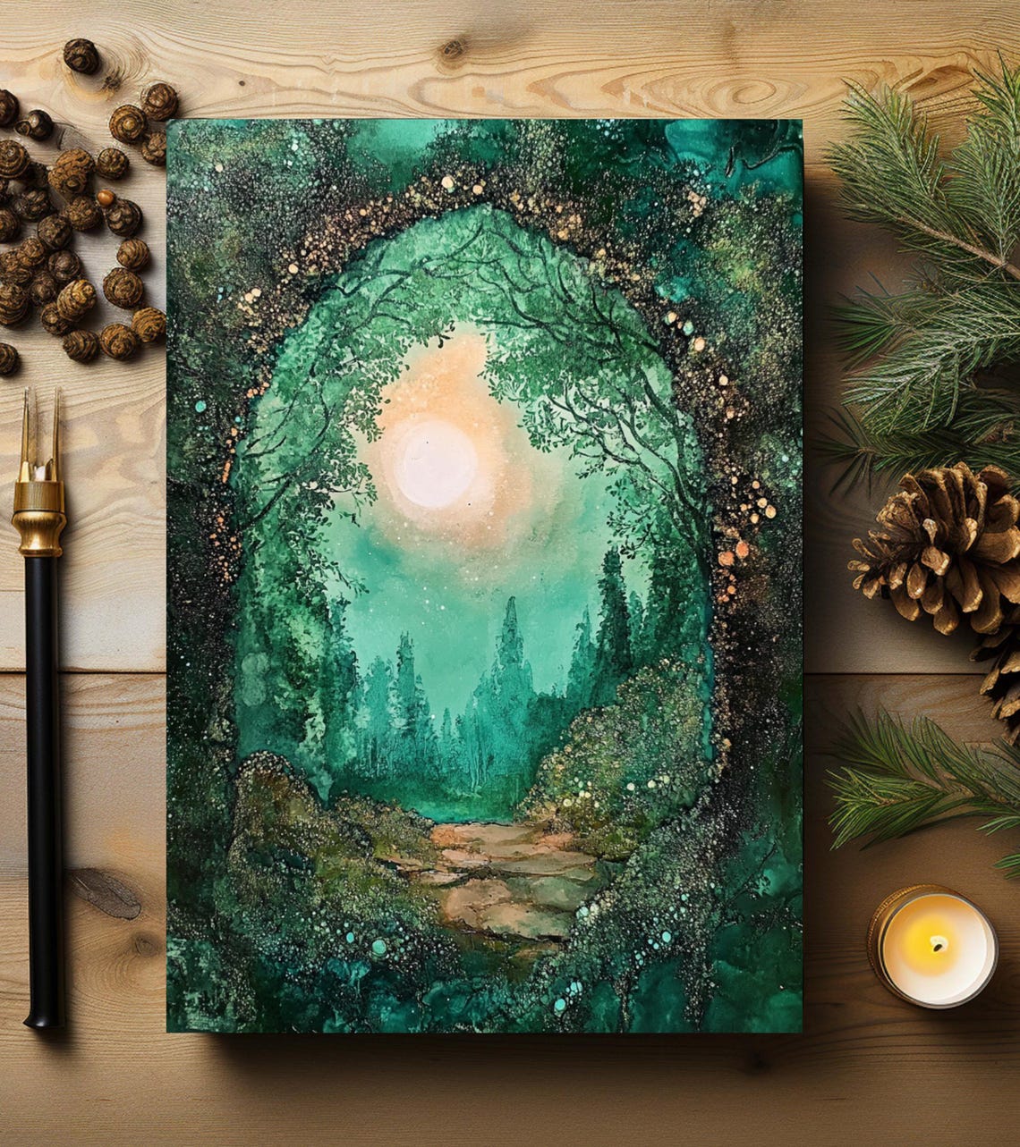 Emerald Forest Path Under Glowing Moon Hardcover Journal Art Print