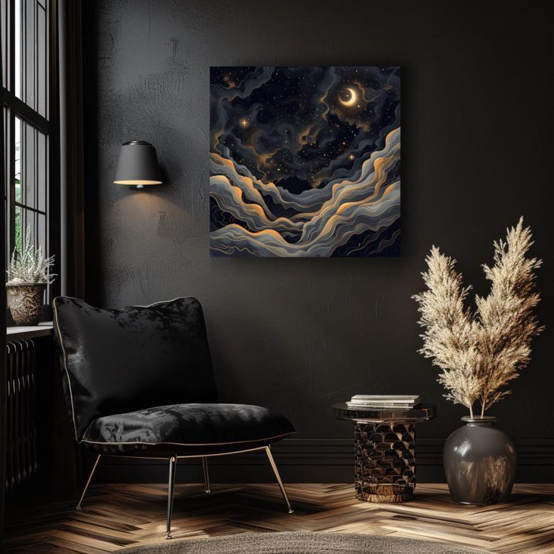 Moody Black And Gold Celestial Dark Mystical Night Sky Art Square Wall Decor Mystical Celestial Living Room Ready To Hang - Image 2