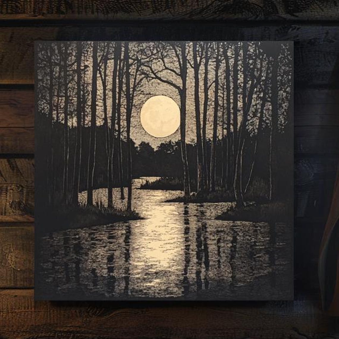 Golden Full Moon Rising Over Dark Forest Lake Moody Night Art Poster - Image 4