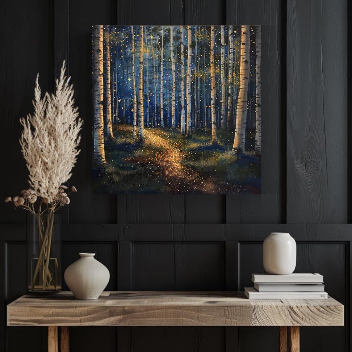 Moonlit Night Birch Forest Path With Golden Firefly Lights Poster - Image 2