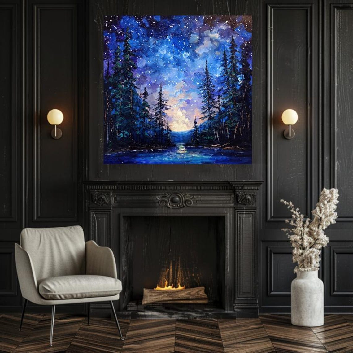Starry Night Over Pine Lake Deep Blue Cosmic Forest Art Poster - Image 2