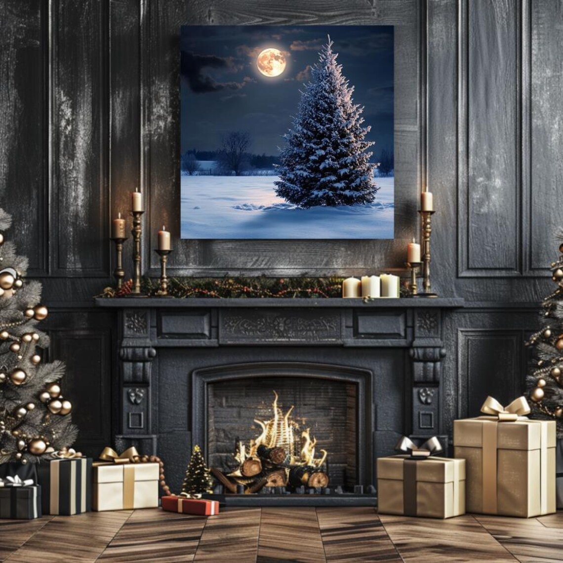Snowy Winter Tree Wall Art Living Room Ready To Hang Extra Large Wall Art Mystical Full Moon Winter Wall Art - Image 2