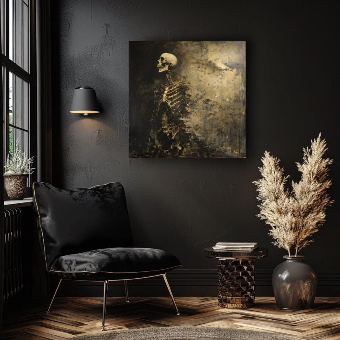 Eerie Golden Skeleton Emerging From Darkness Gothic Skull Art Poster - Image 2
