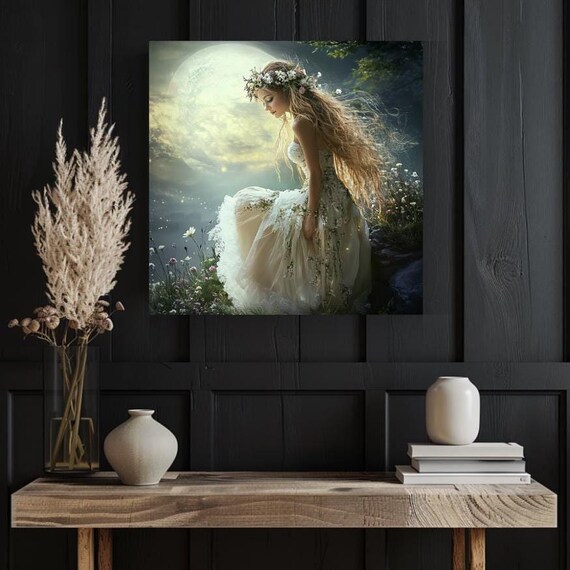 Ethereal Moonlit Goddess with Flower Crown Beneath Full Moon Poster