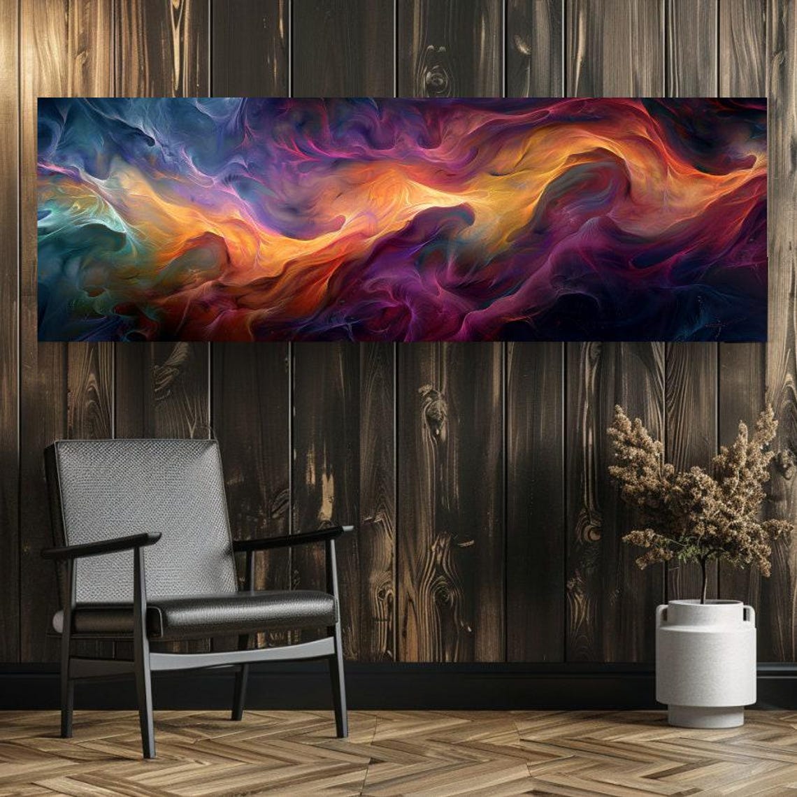 Fiery Magenta and Gold Abstract Fluid Wave Panoramic Decor Poster - Image 2