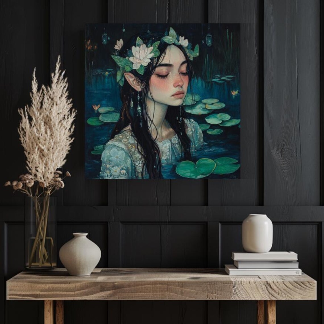 Water Nymph With Lily Crown In Moonlit Pond Dark Teal Poster - Image 3