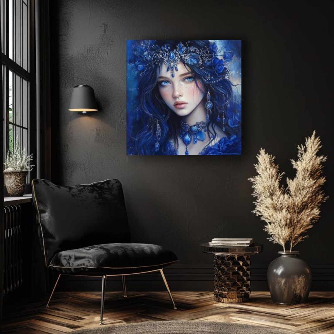 Sapphire Blue Goddess Crowned with Jewels Portrait Fantasy Art Poster - Image 4