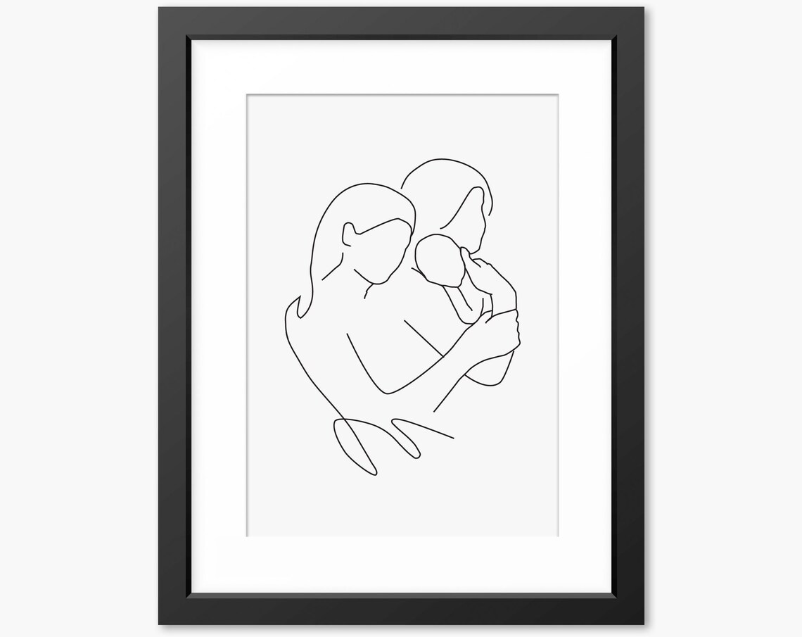 Two Mothers Cuddling Their Newborn Baby Together Line Art Poster