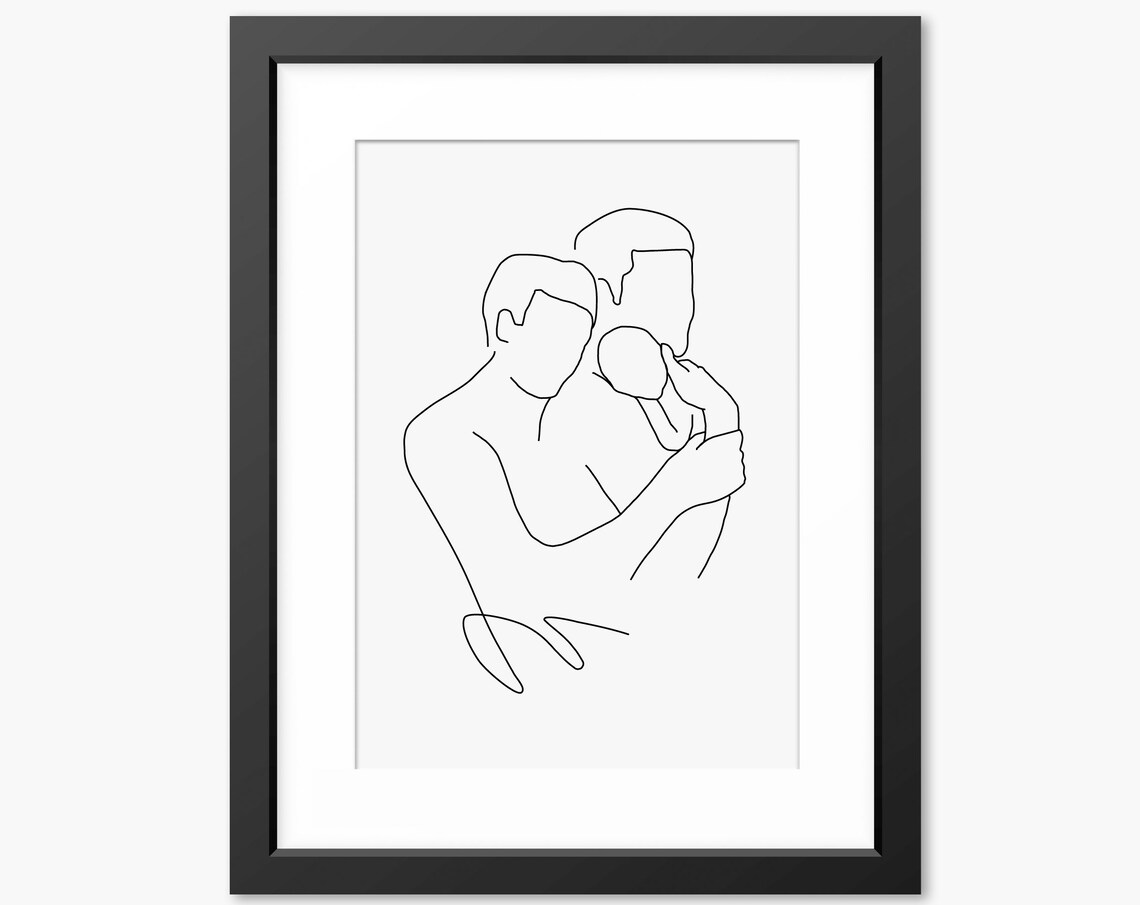 Two Dads Baby Family Line Art, LGBT Adoption Art Print