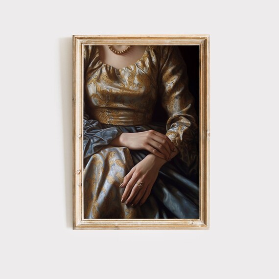 Victorian Woman Gold Damask Gown Moody Vintage Portrait Wall Art Poster
