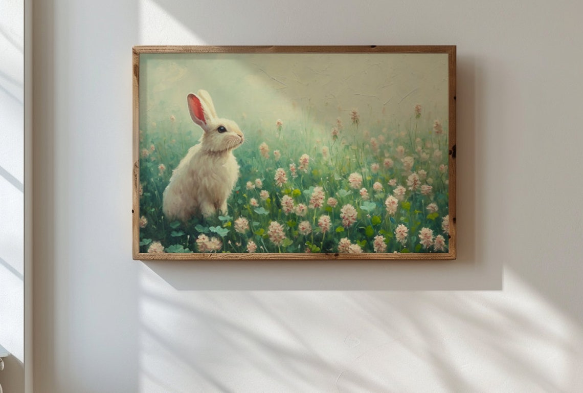 Fluffy White Bunny In Clover Meadow Vintage Easter Spring Poster - Image 2