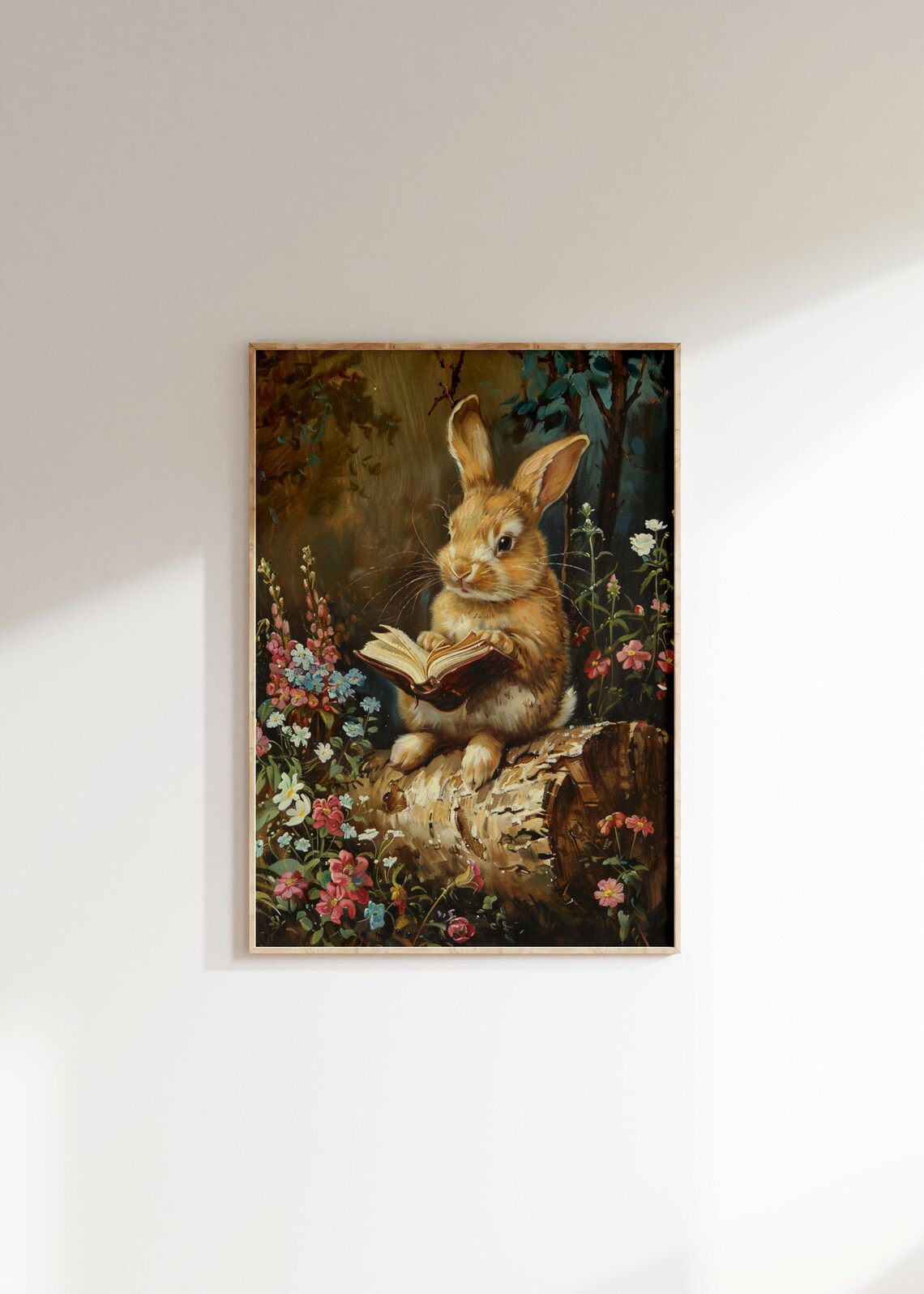 Bunny Reading Book on Log Wildflower Garden Whimsical Nursery Wall Art Poster - Image 2