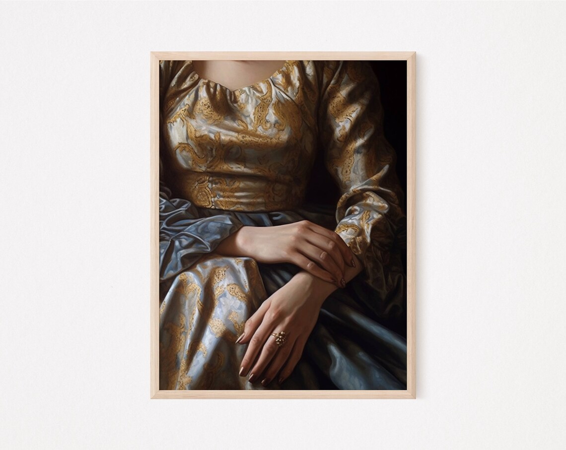 Victorian Woman Gold Damask Gown Moody Vintage Portrait Wall Art Poster - Image 2
