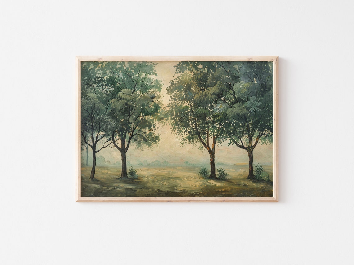 Misty Green Trees Meadow Vintage Landscape Oil Painting Rustic Print - Image 2