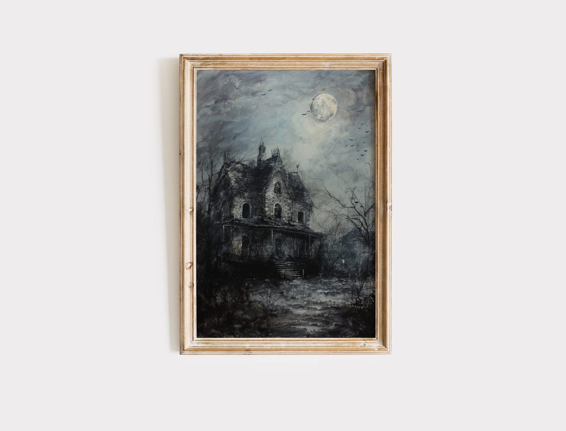Halloween Wall Art Haunted House Painting Spooky Fall Decor Autumn Artwork Print Dark Academia Moody Decoration - Image 2