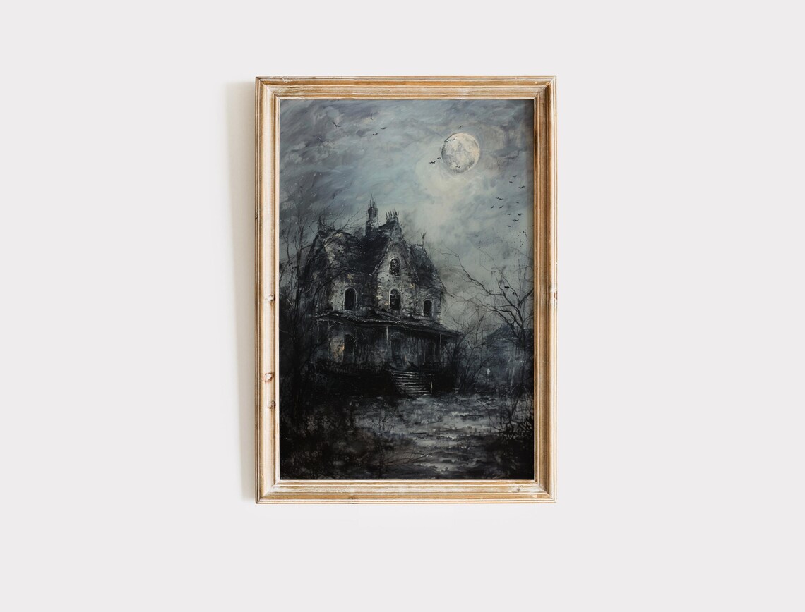 Haunted House Full Moon Bats Spooky Gothic Victorian Mansion Halloween Art Print - Image 2