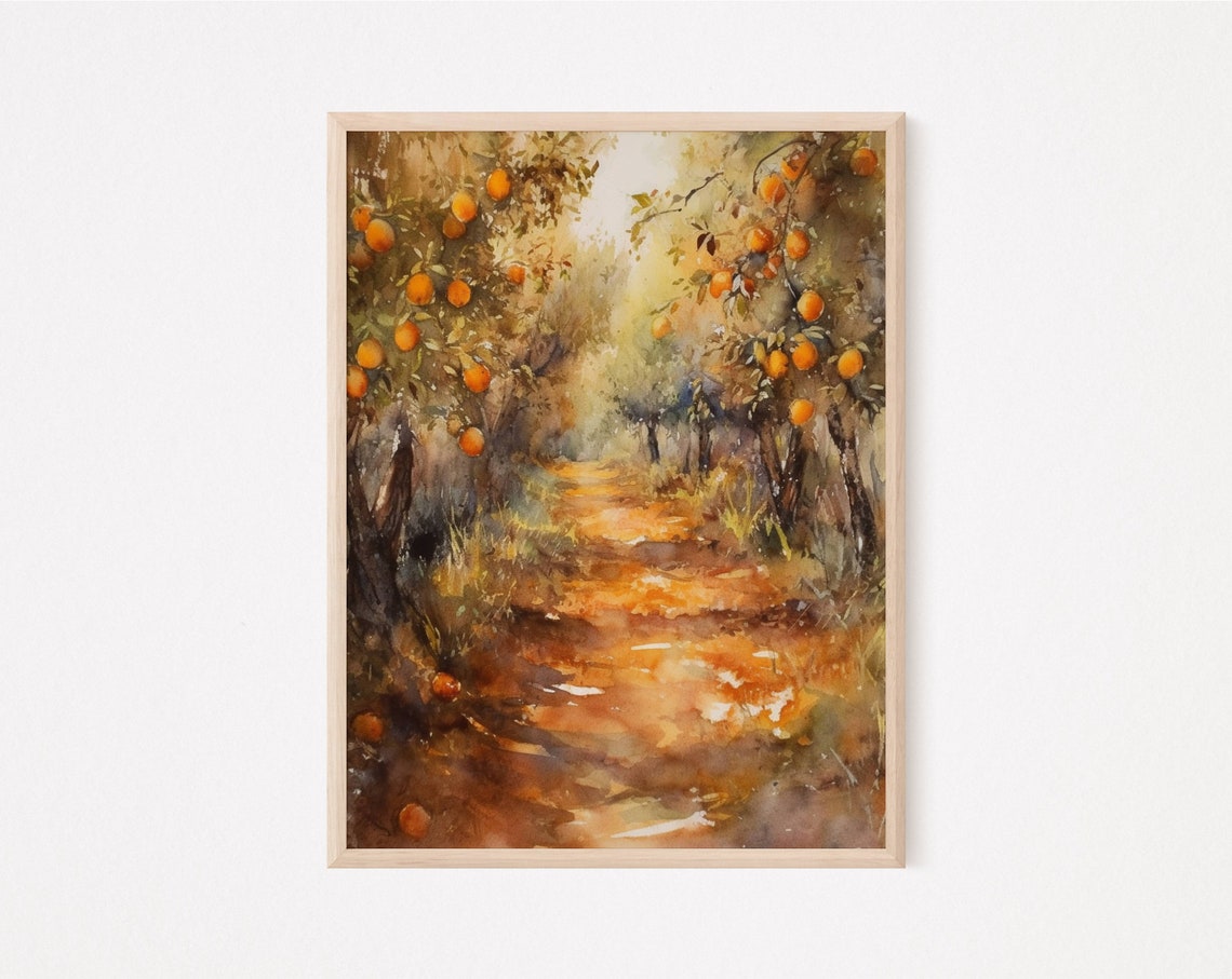 Golden Orange Tree Orchard Pathway Watercolor Mediterranean Wall Art - Image 2