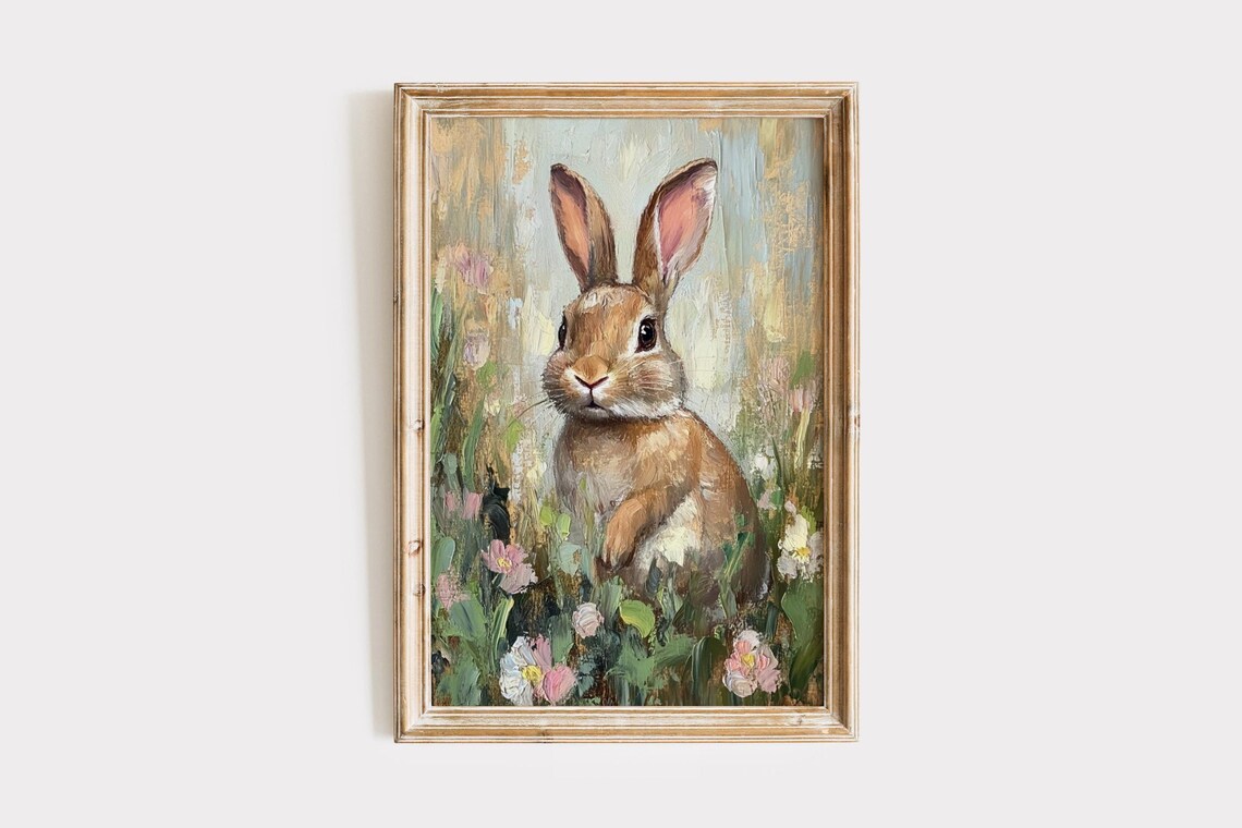 Sweet Brown Bunny Among Spring Wildflowers Oil Painting Art Print