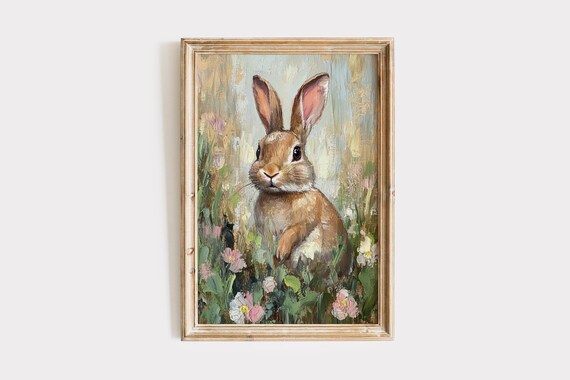 Sweet Brown Bunny Among Spring Wildflowers Oil Painting Art Print